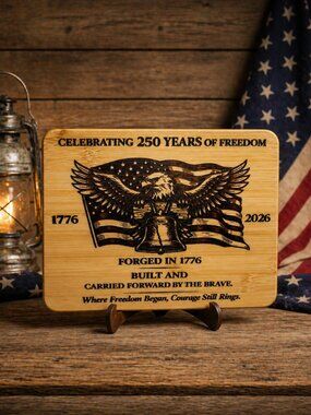 Patriotic Eagle & Liberty bell Engraved Bamboo Plaque - Natural Wood